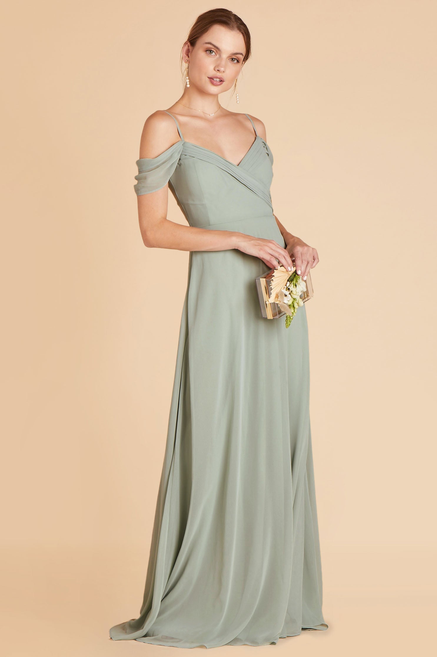 Spence convertible bridesmaid dress in sage green chiffon by Birdy Grey, front view