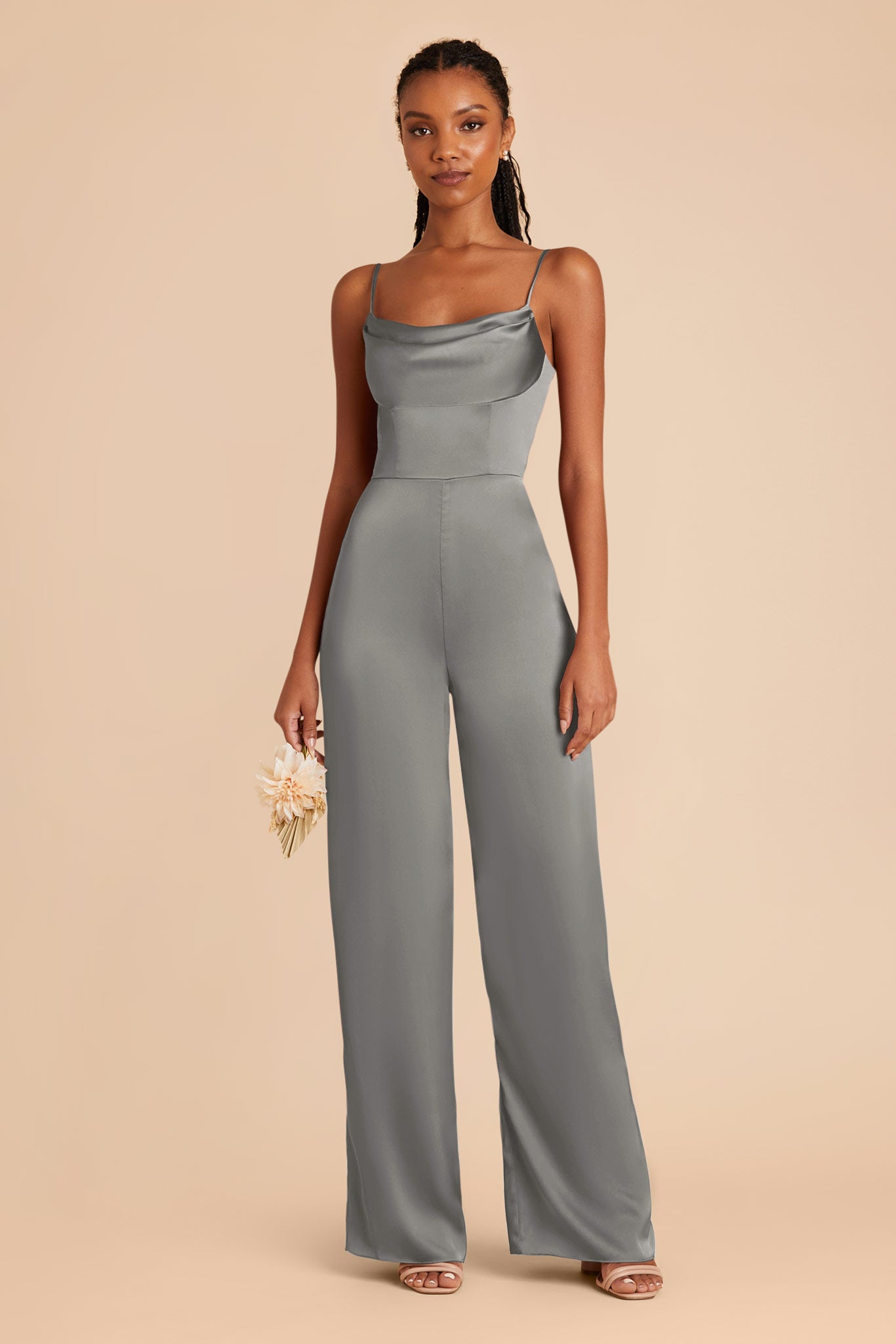 Silver Donna Matte Satin Jumpsuit by Birdy Grey