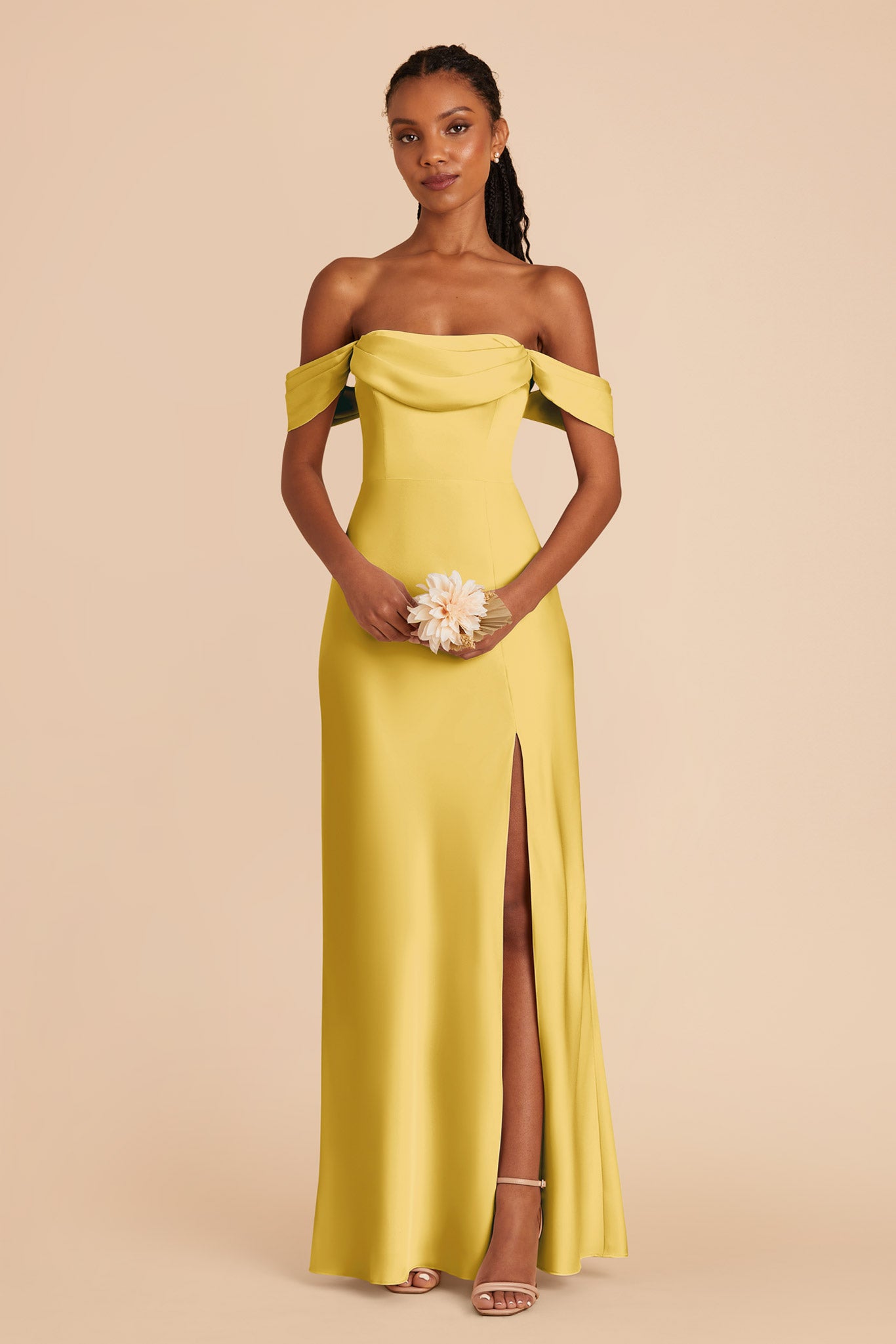 Mia Sunflower Yellow Matte Satin Cowl Neck Dress Birdy Grey