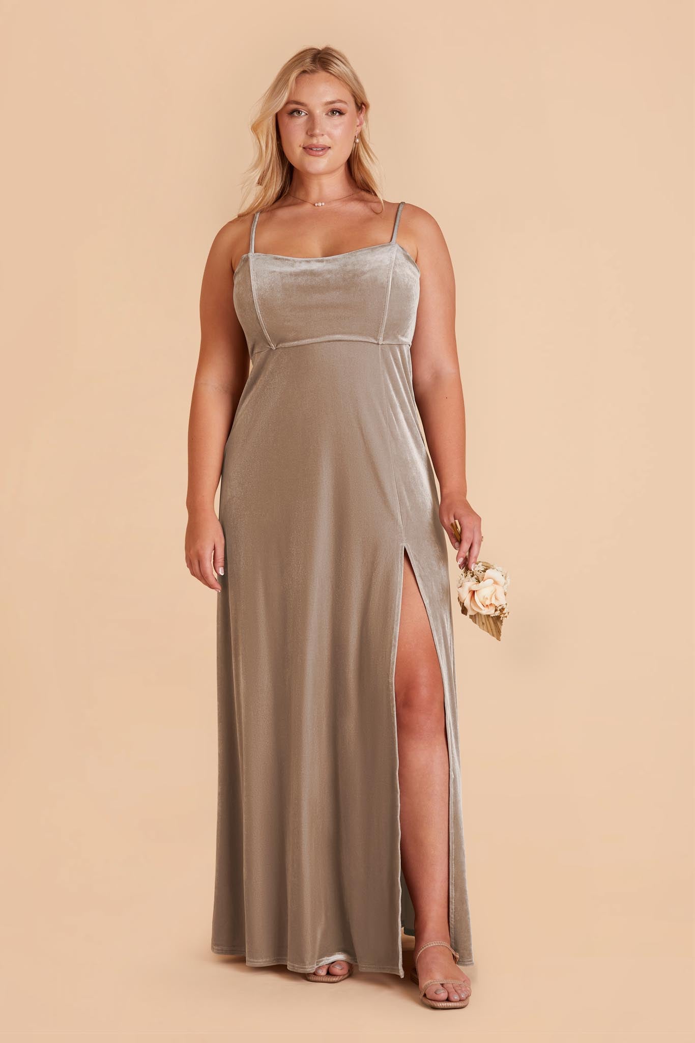 August Taupe A-Line Velvet Bridesmaid Dress | Birdy Grey