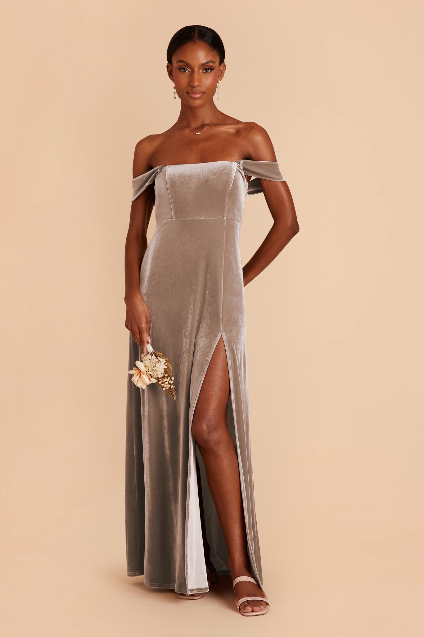 August Taupe A-Line Velvet Bridesmaid Dress | Birdy Grey