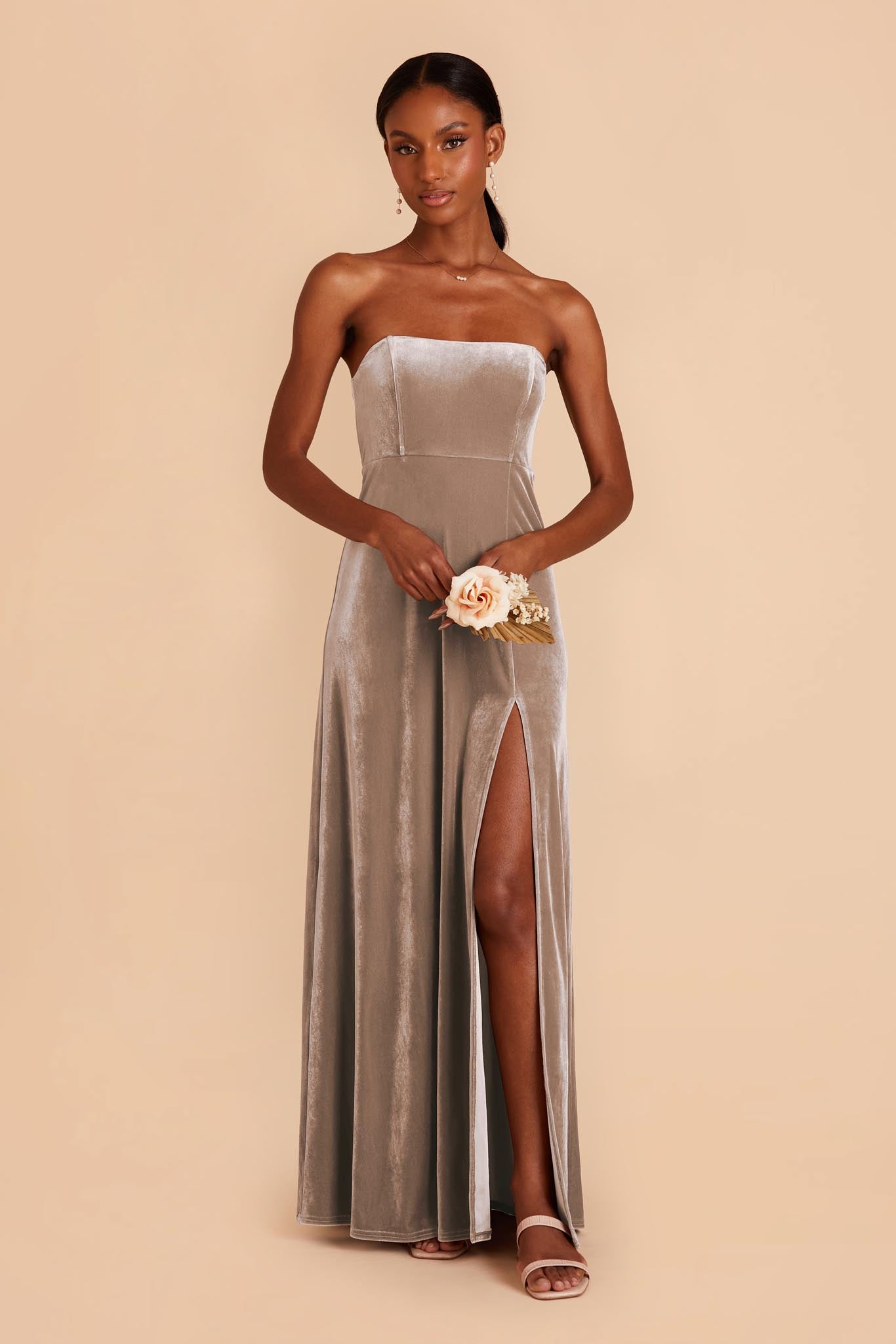 August Taupe A Line Velvet Bridesmaid Dress Birdy Grey