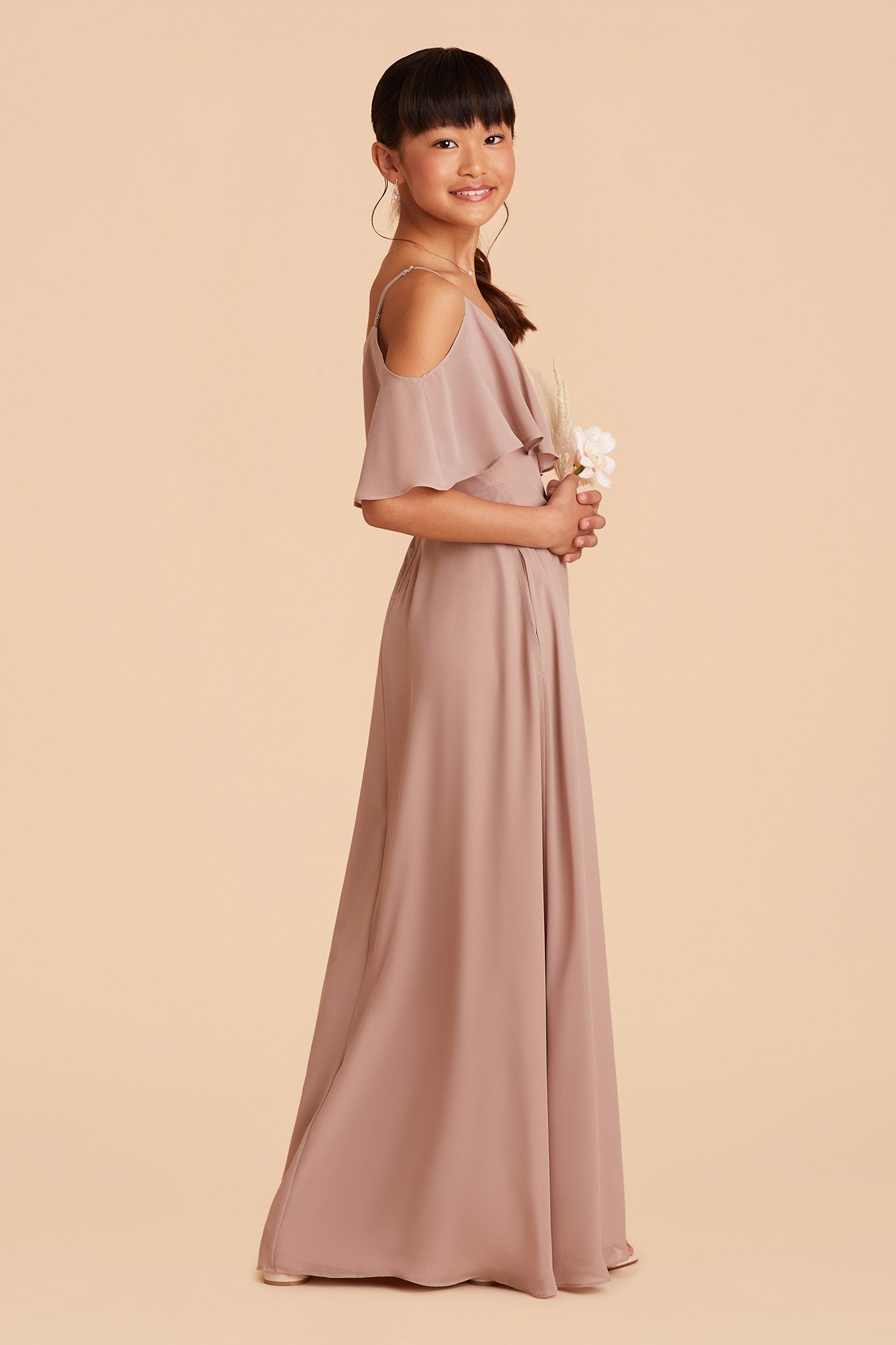 Taupe junior shop bridesmaid dress