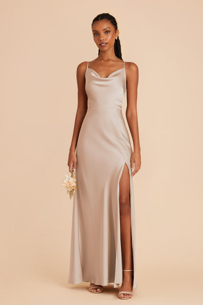 Taupe Lisa Long Matte Satin Dress by Birdy Grey