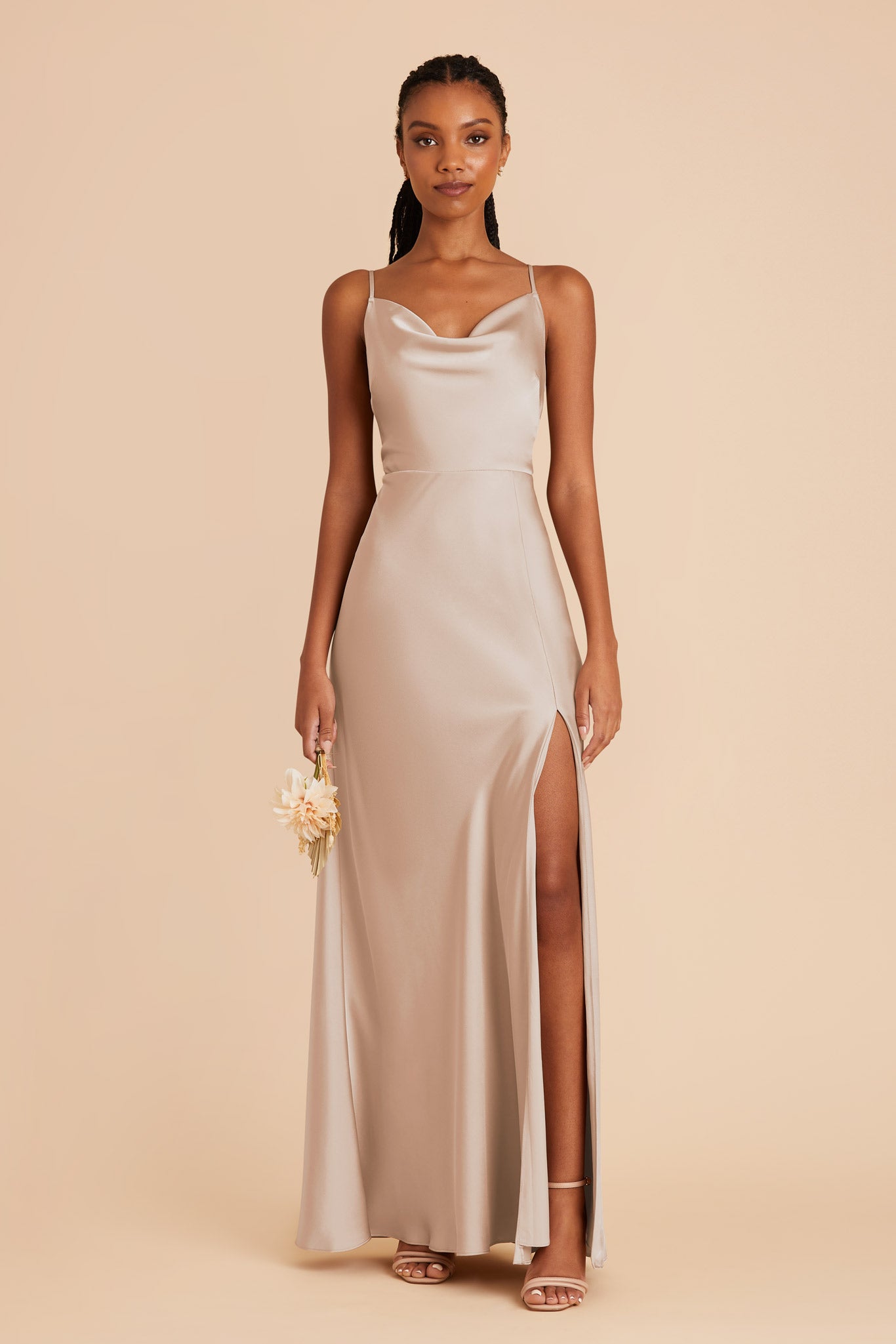 Taupe Lisa Long Matte Satin Dress by Birdy Grey