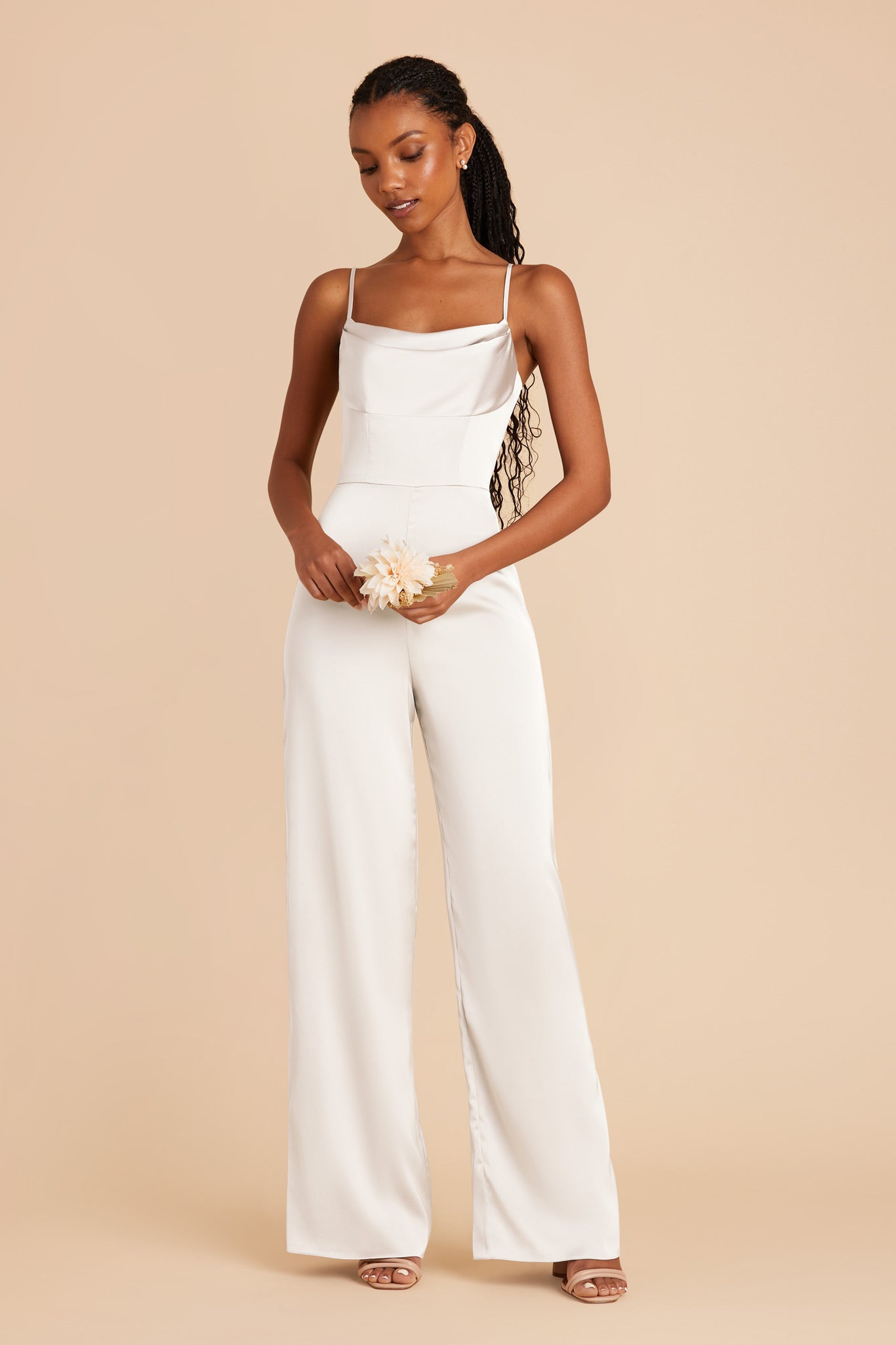 White Donna Matte Satin Bridesmaid Jumpsuit by Birdy Grey