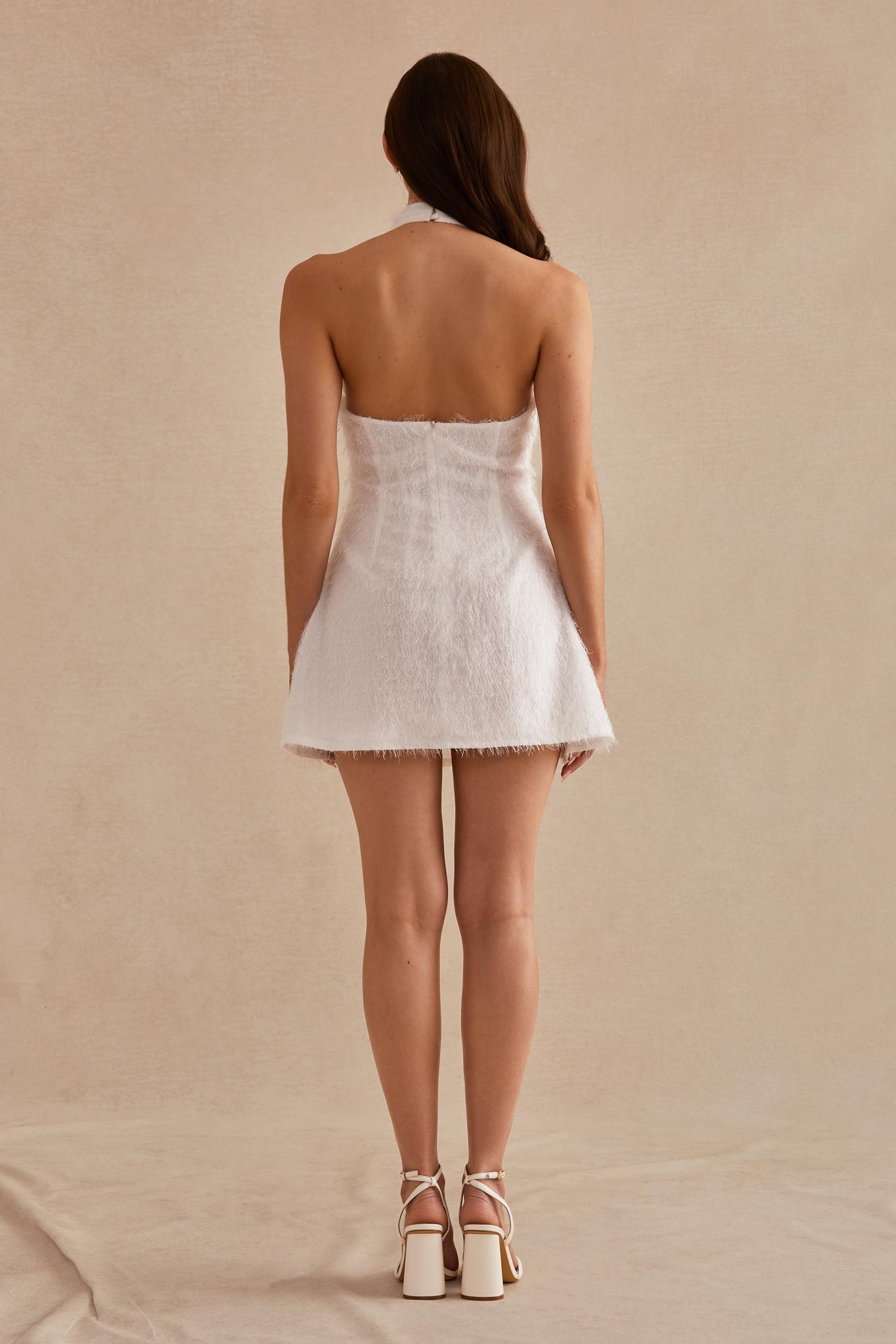 White January Halter Feather Mini Dress by Birdy Grey