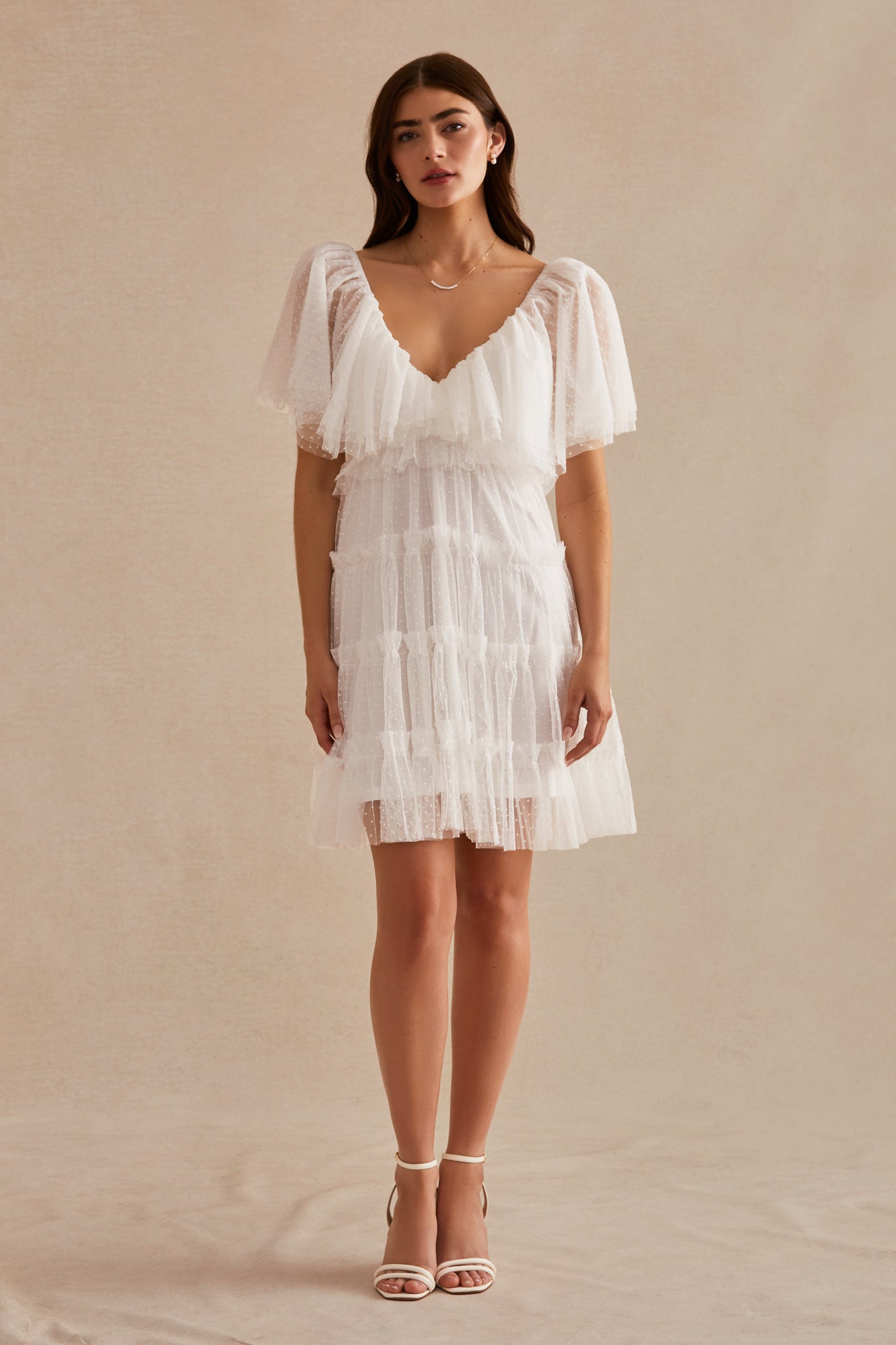 White Jenn Mesh Tiered Mini Dress by Birdy Grey