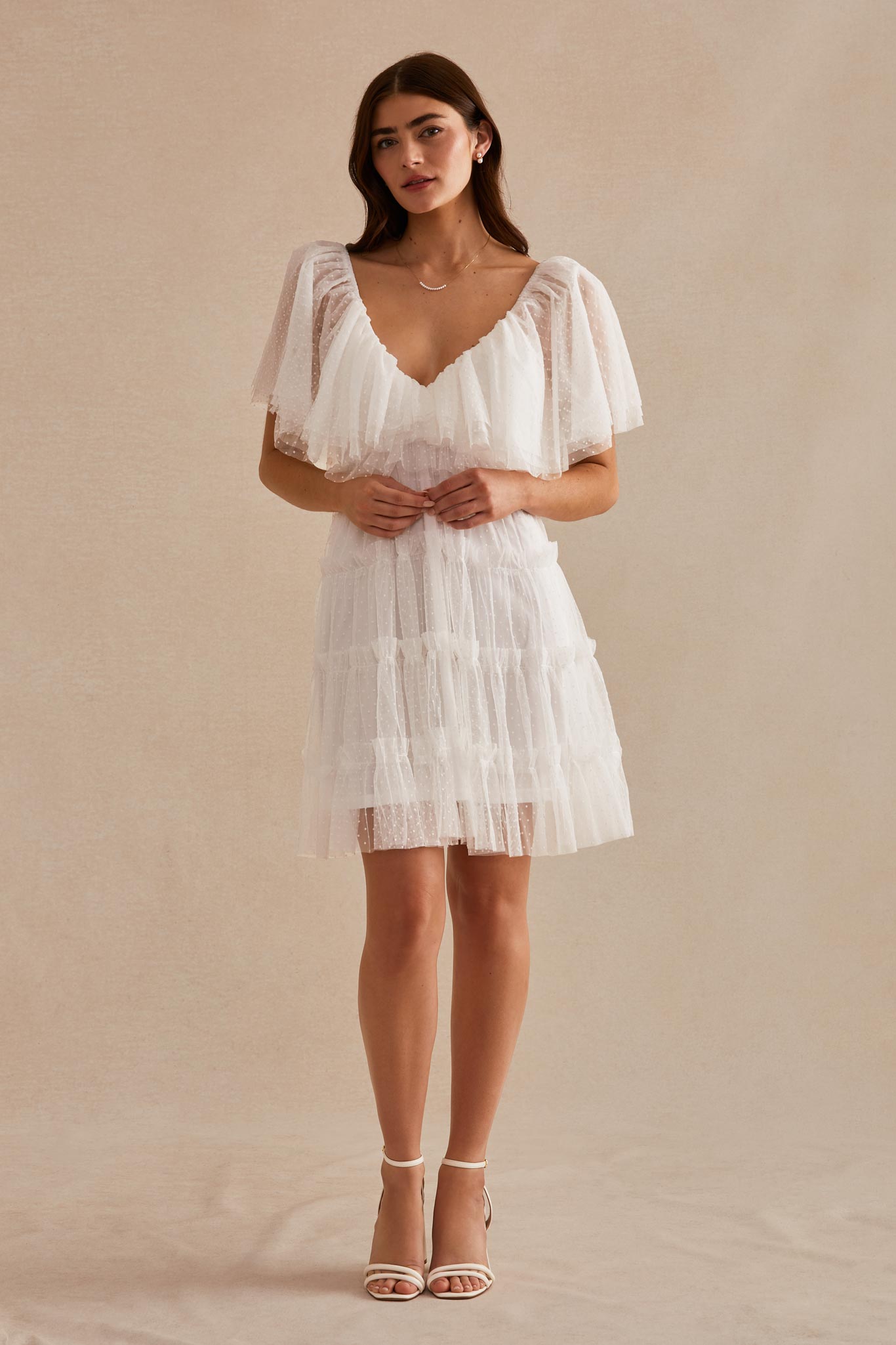 White Jenn Mesh Tiered Mini Dress by Birdy Grey