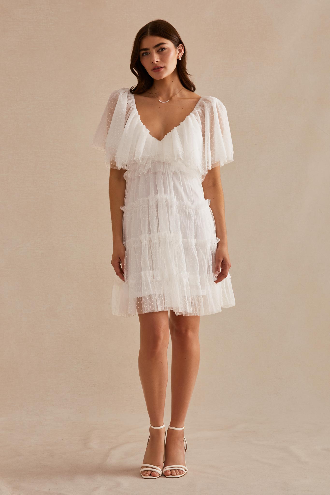 White Jenn Mesh Tiered Mini Dress by Birdy Grey