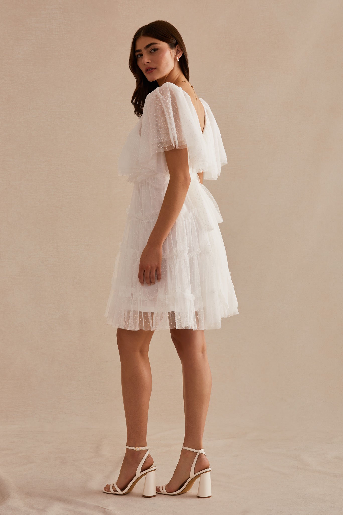 White Jenn Mesh Tiered Mini Dress by Birdy Grey