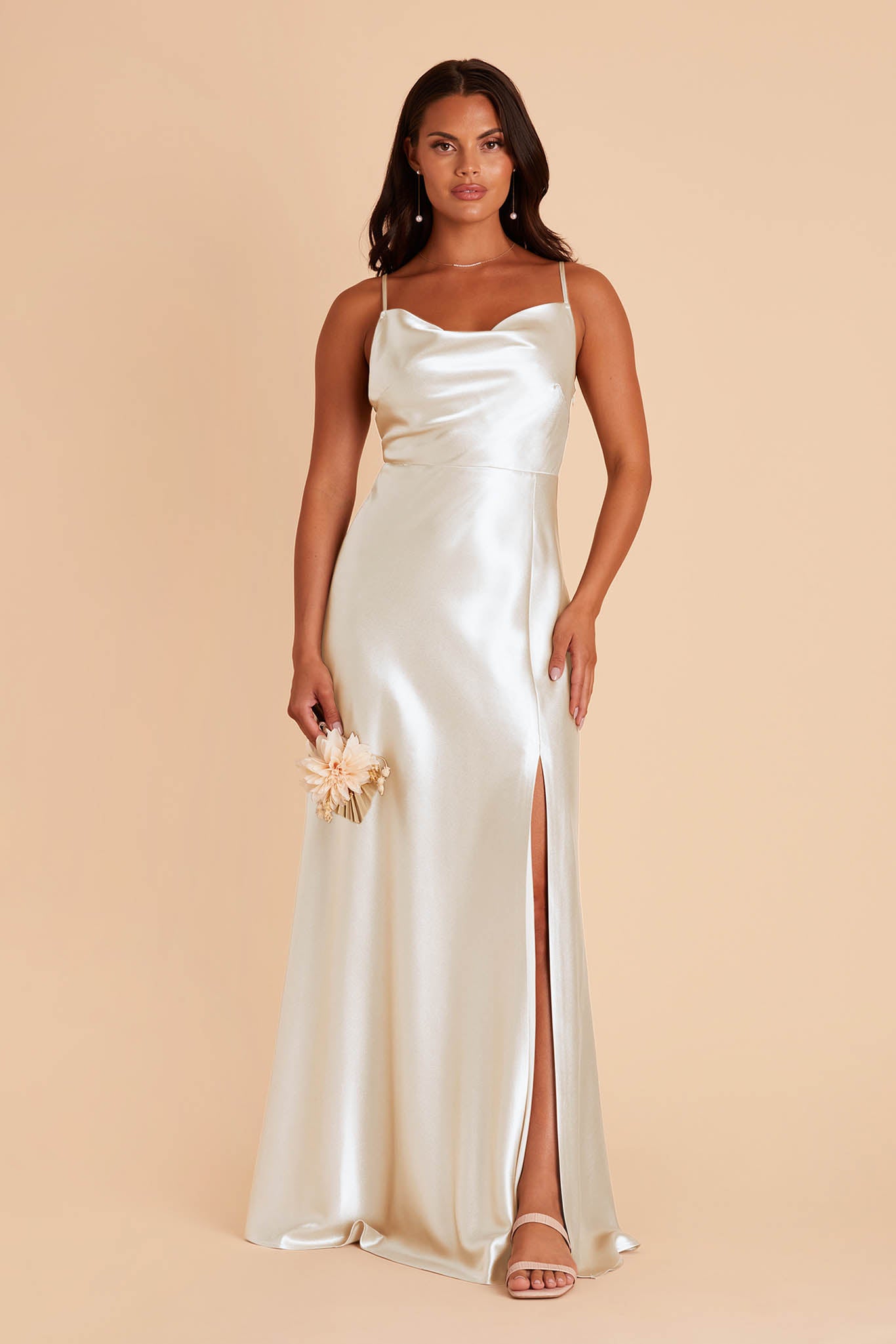 Lisa Long Satin Bridesmaid Dress in White Birdy Grey