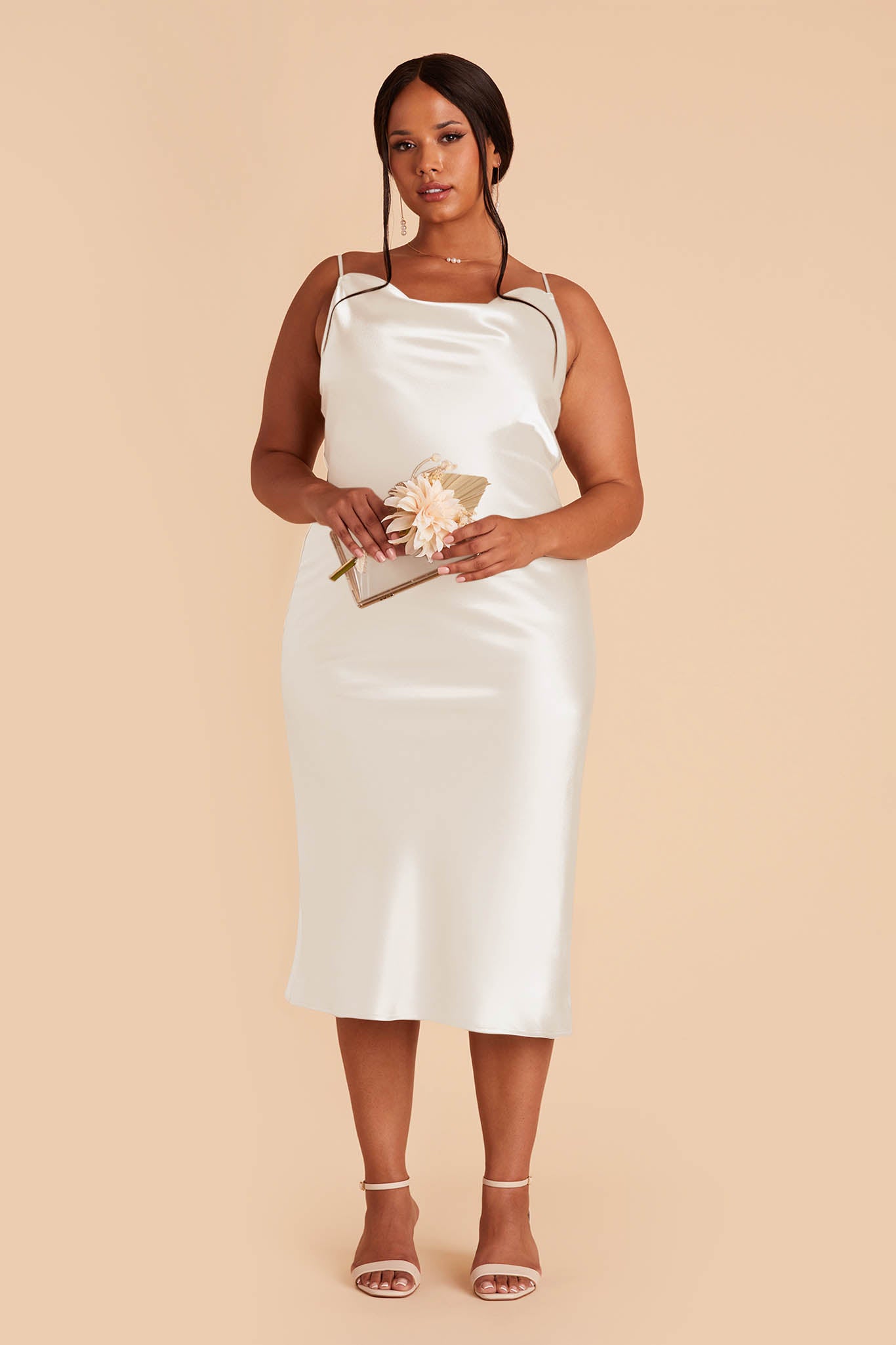 Lisa Satin Cowl Neck Midi Slip Bridesmaid Dress in White