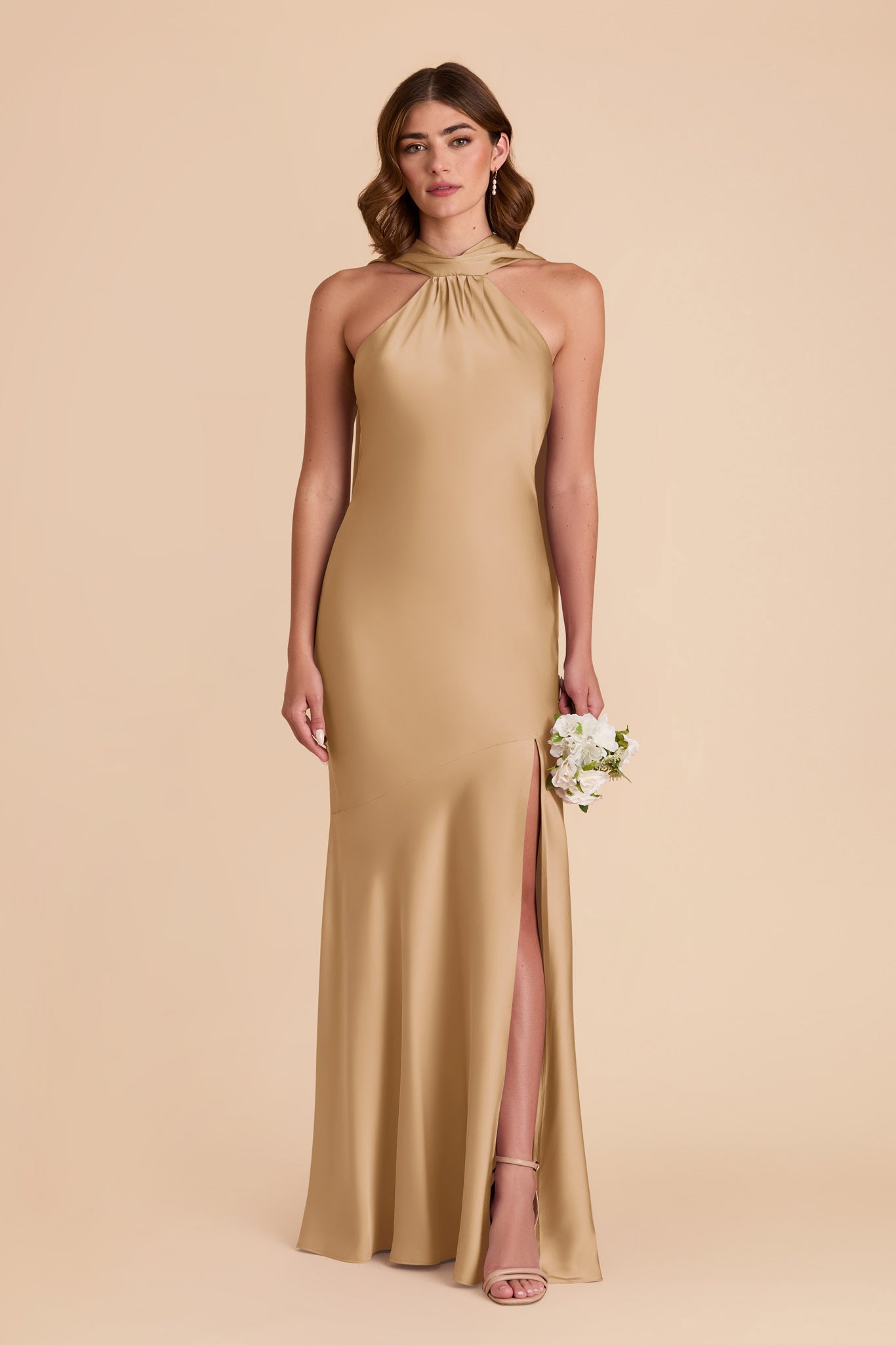 Eileen Yellow Gold Satin Halter Bridesmaid Dress Birdy Grey