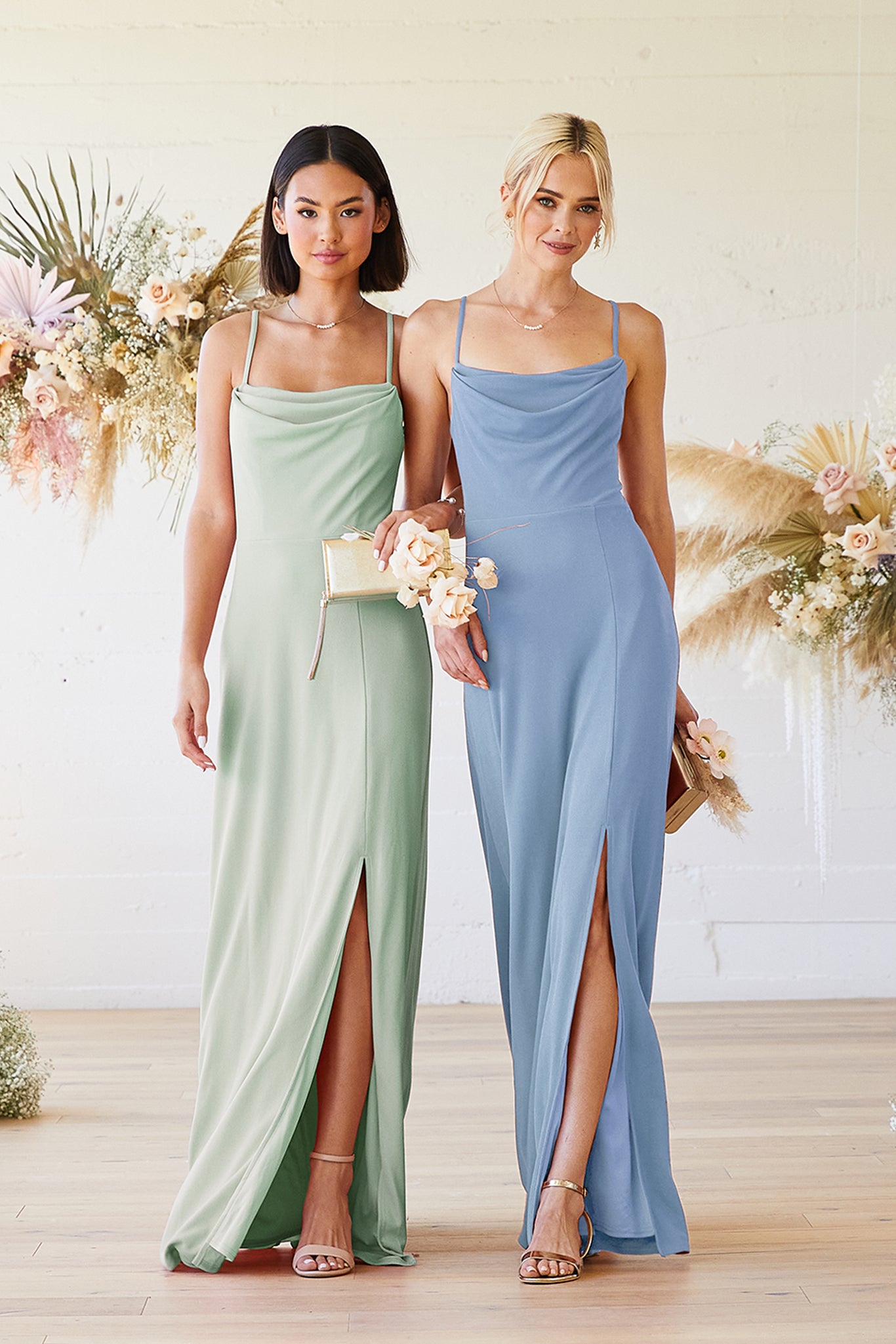Ash Cowl Neck Bridesmaid Dress with Slit in Crepe Sage