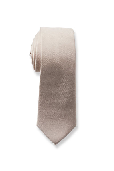 Front closeup view of the Simon Necktie in taupe rolled up with the pointed necktie end extended showing the material texture and sheen.