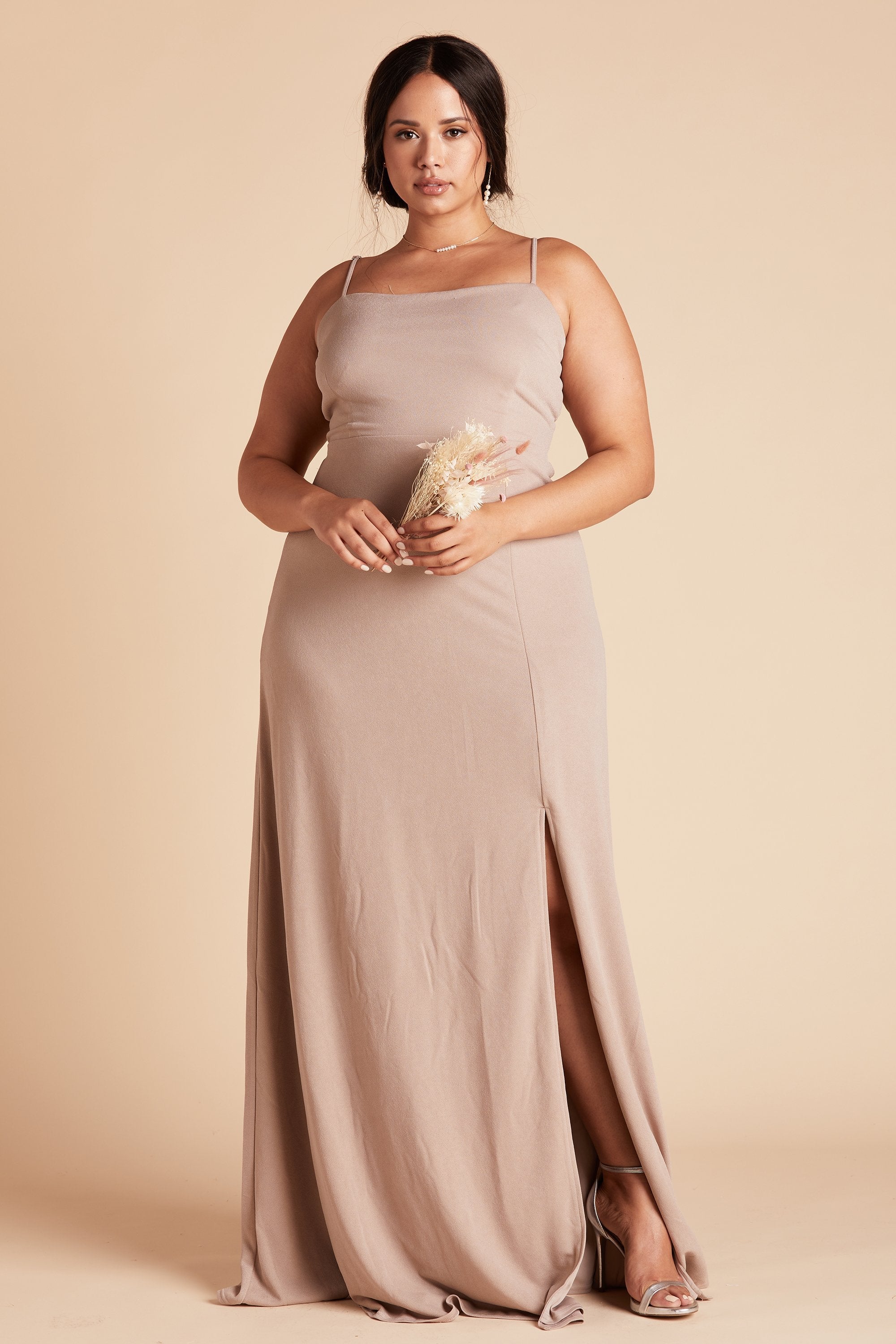 Benny Tie Back Bridesmaid Dress with Slit in Crepe Taupe Birdy Grey
