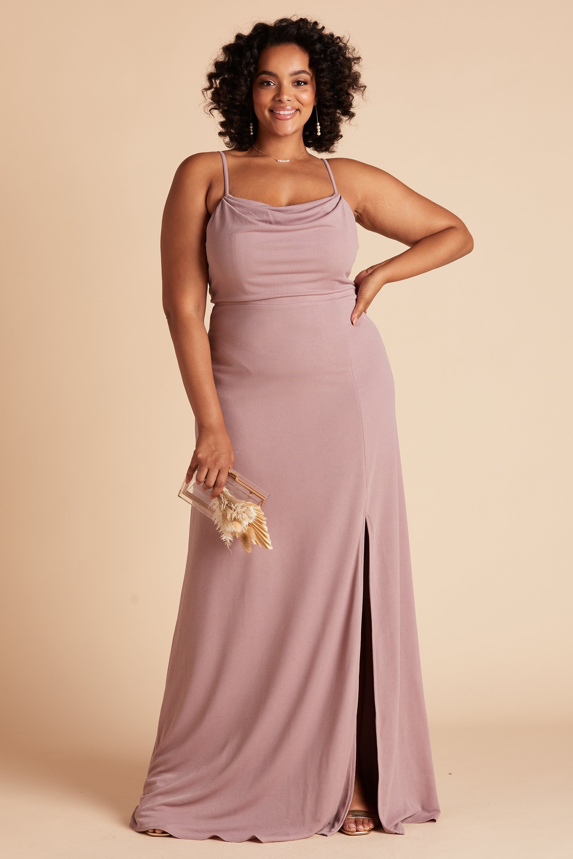 Ash Cowl Neck Bridesmaid Dress with Slit in Crepe Dark Mauve