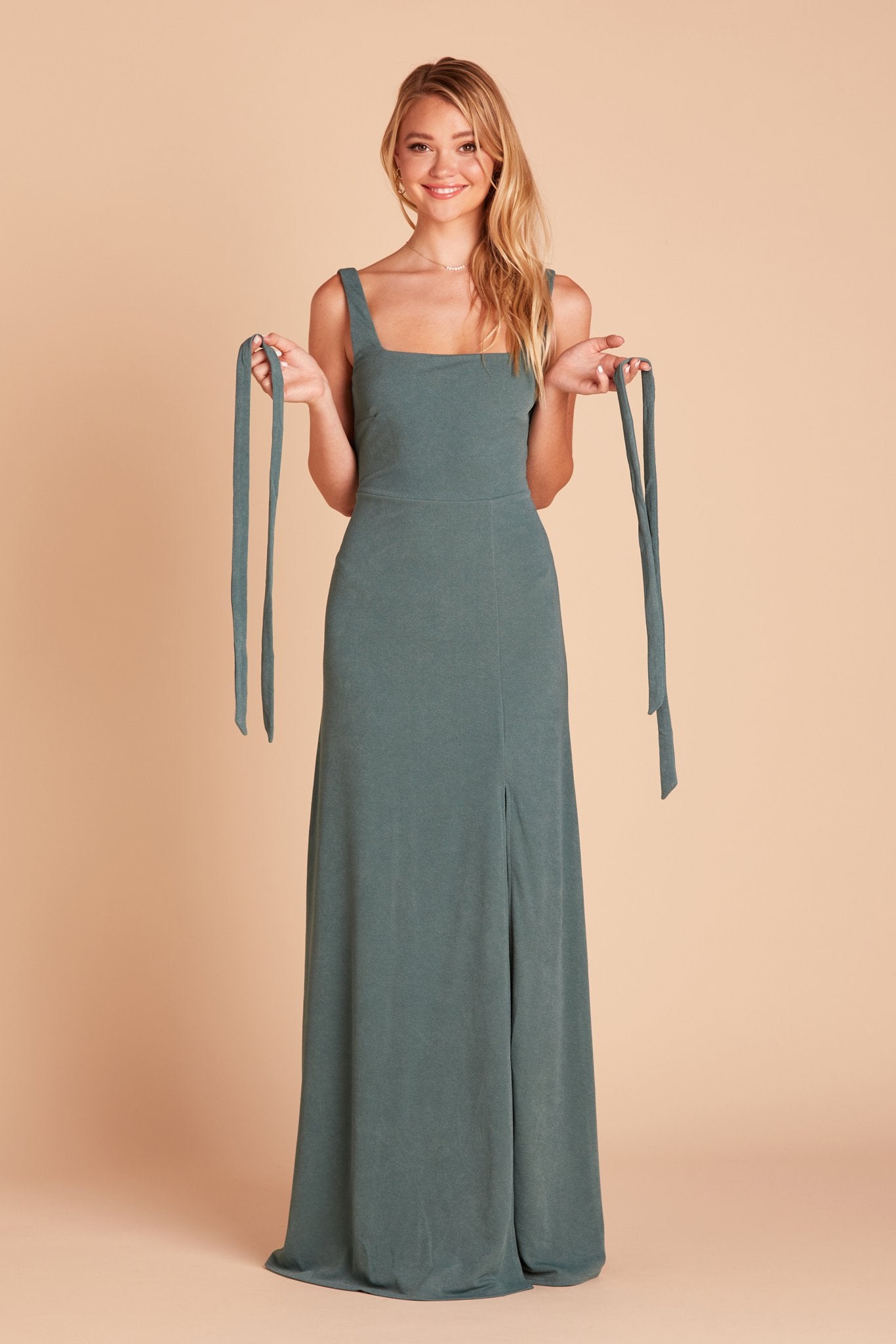 Alex convertible bridesmaid dress with slit in sea glass green crepe by Birdy Grey, front view