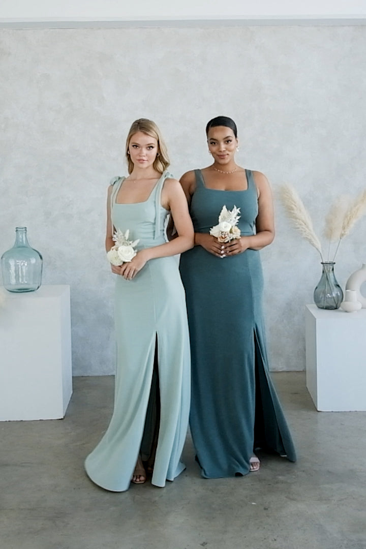 Alex Crepe Bridesmaid Dress in Sage Birdy Grey