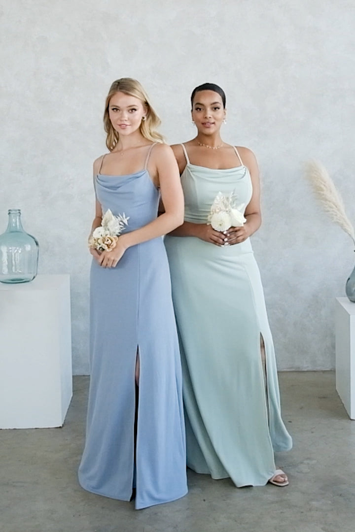 Ash Cowl Neck Bridesmaid Dress with Slit in Crepe Cabernet Birdy Grey