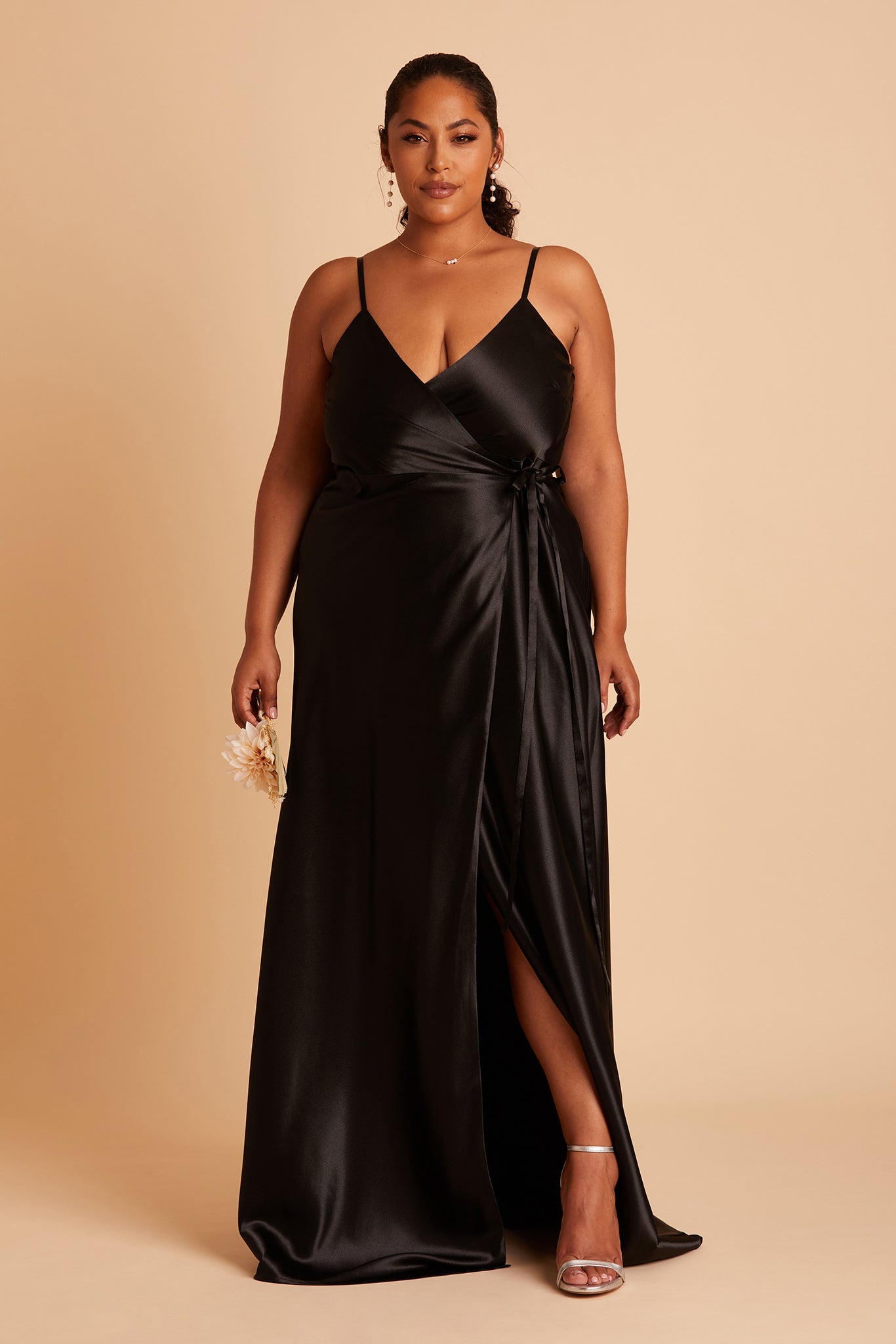 The Black Beaded Strap Satin Maxi Dress - Satin Split Formal Sleeveless  Maxi Dress - Black - Dresses | RIHOAS