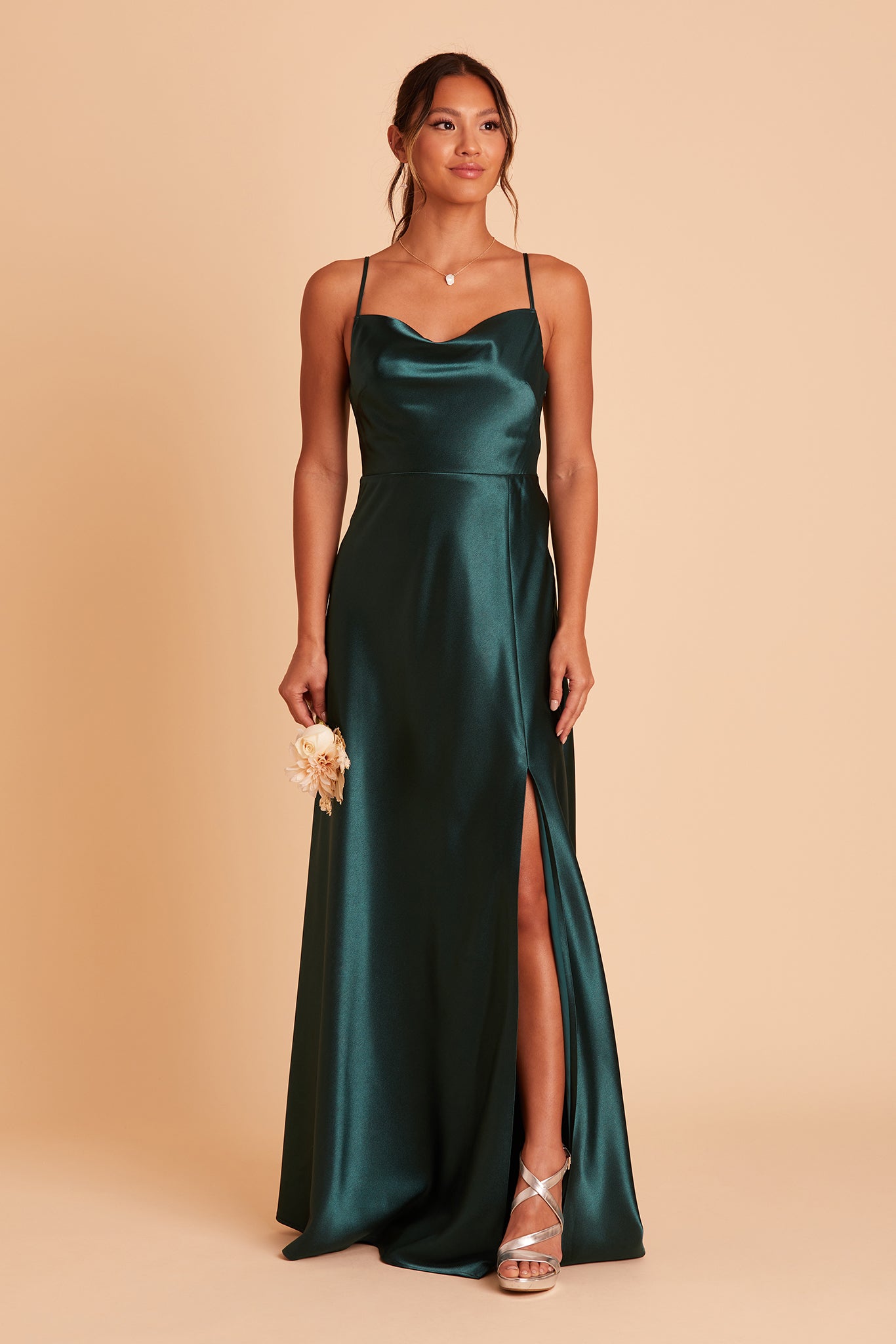 Lisa Long Satin Bridesmaid Dress in Emerald | Birdy Grey