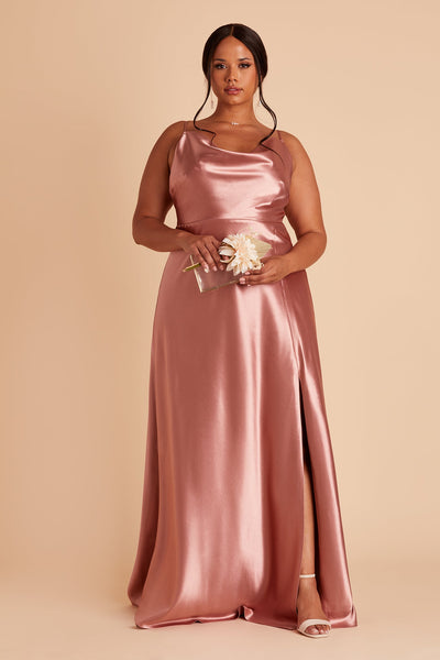 Lisa long plus size bridesmaid dress with slit in desert rose satin by Birdy Grey, front view