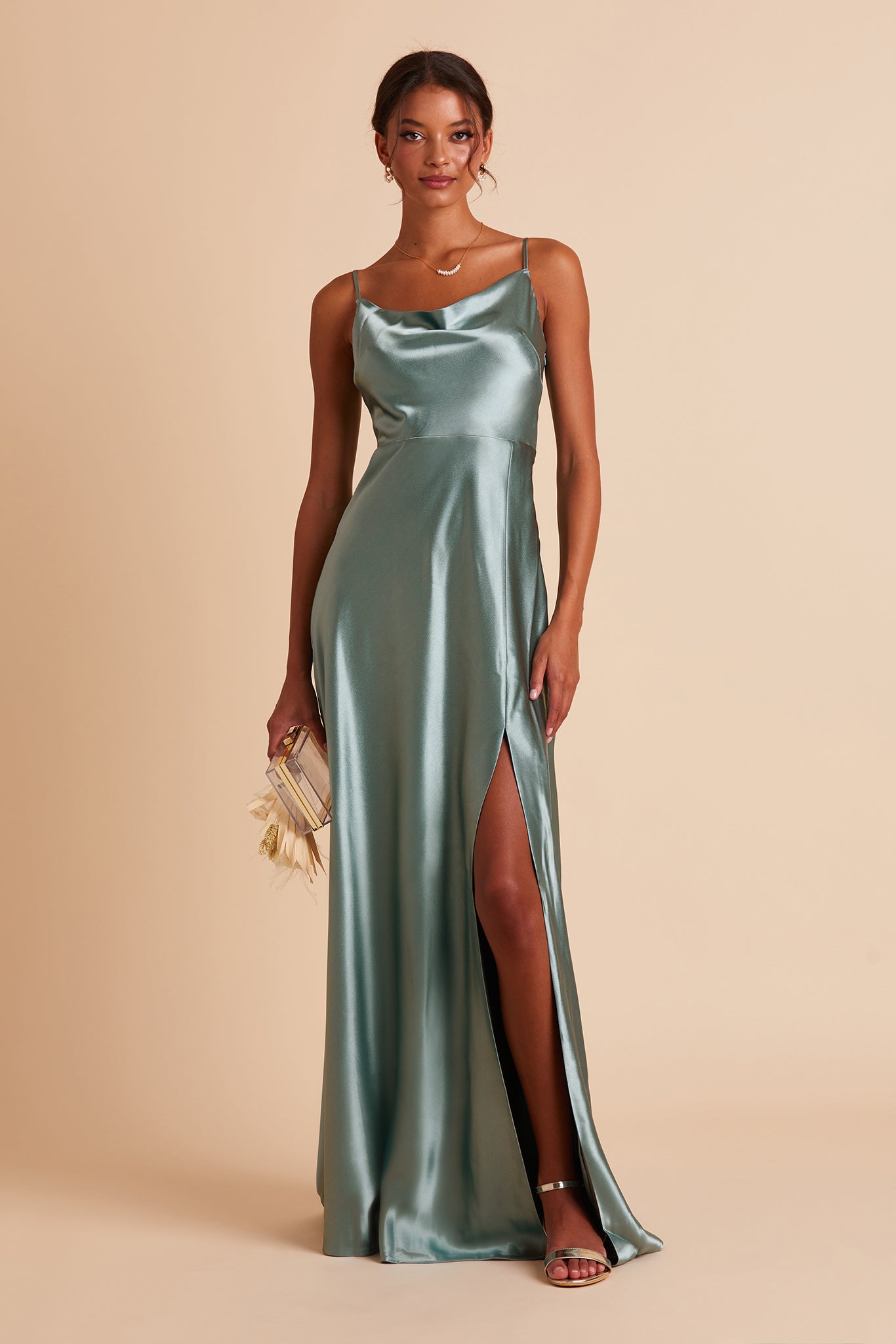 Lisa Long Satin Bridesmaid Dress in Sea Glass | Birdy Grey