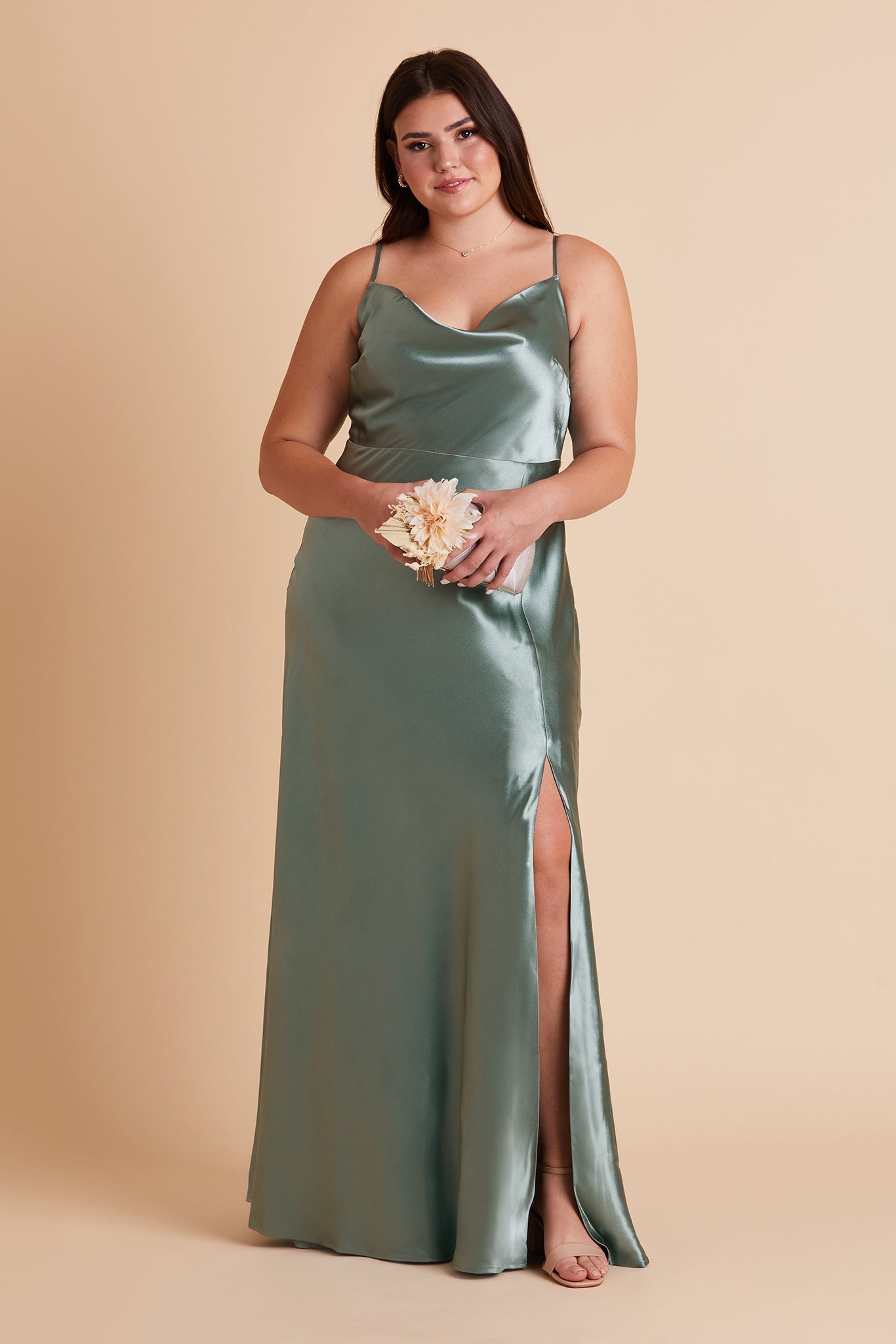 Lisa Long Satin Bridesmaid Dress in Sea Glass