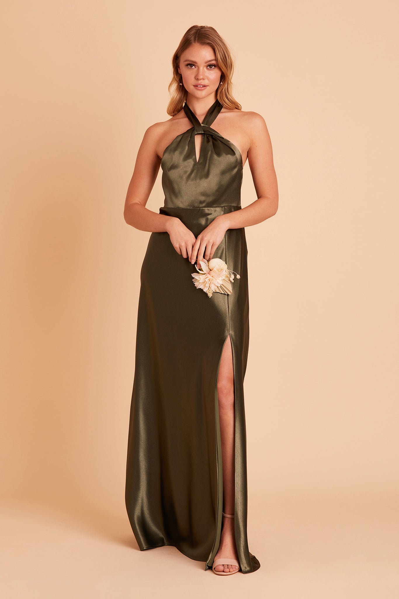 Monica Satin Bridesmaid Dress in Olive