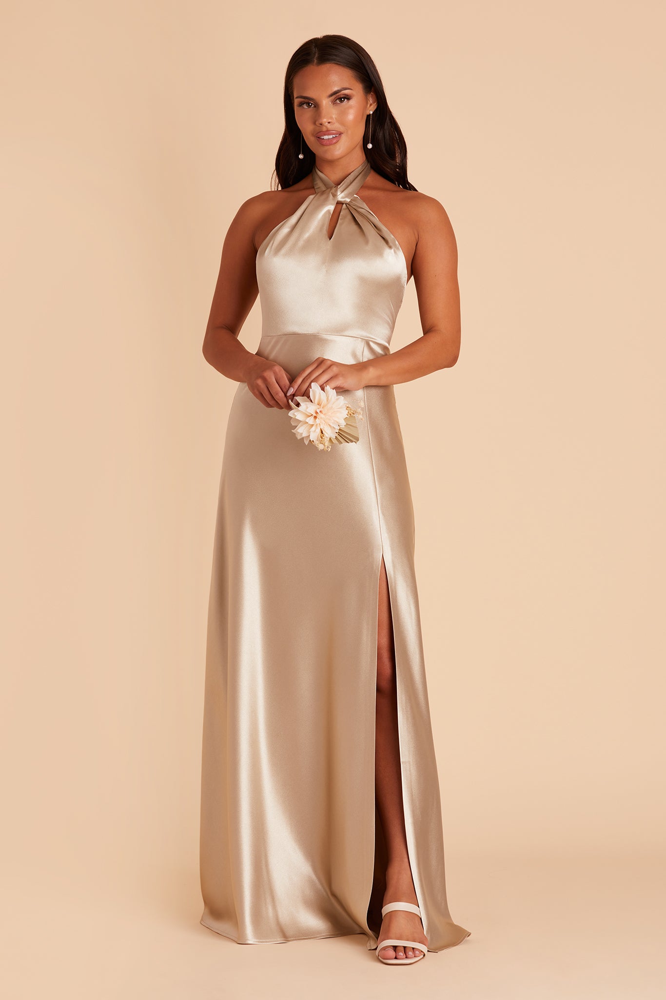 Champagne Satin Bridesmaid Dress  Angel Sleeve Maxi Dress – Style