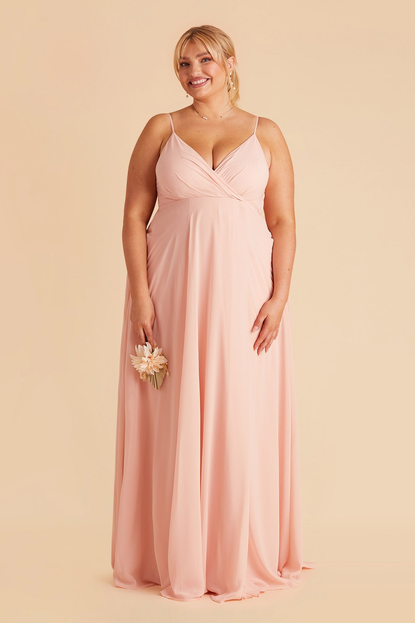 Kaia plus size bridesmaids dress in blush pink chiffon by Birdy Grey, front view