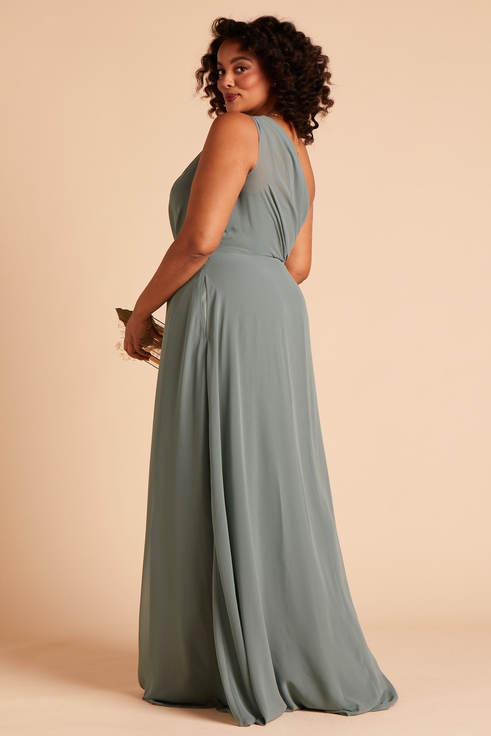 Kira One Shoulder Bridesmaid Dress in Sea Glass Chiffon | Birdy Grey