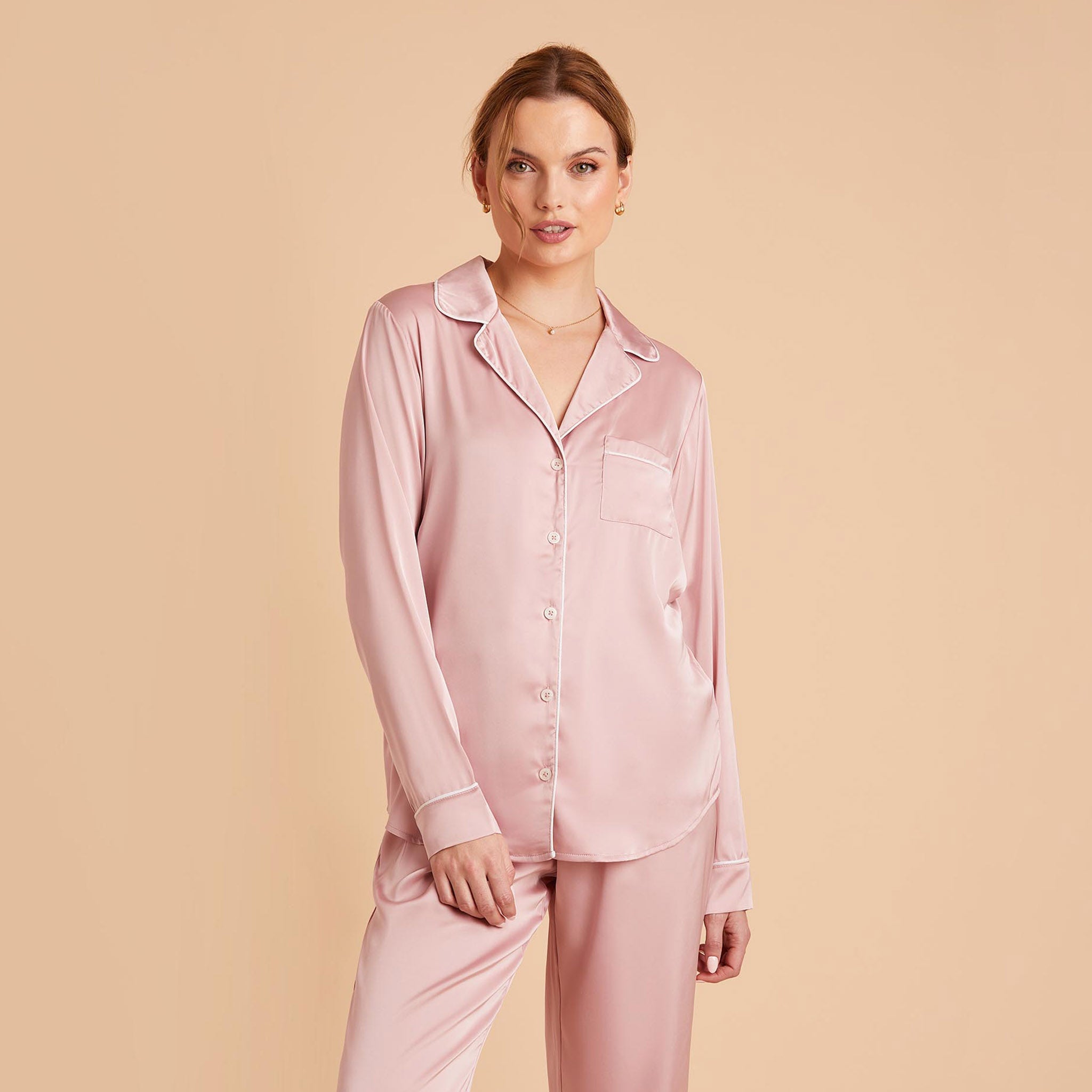 Jonny Dusty Pink Satin Long-Sleeve Pajama Top