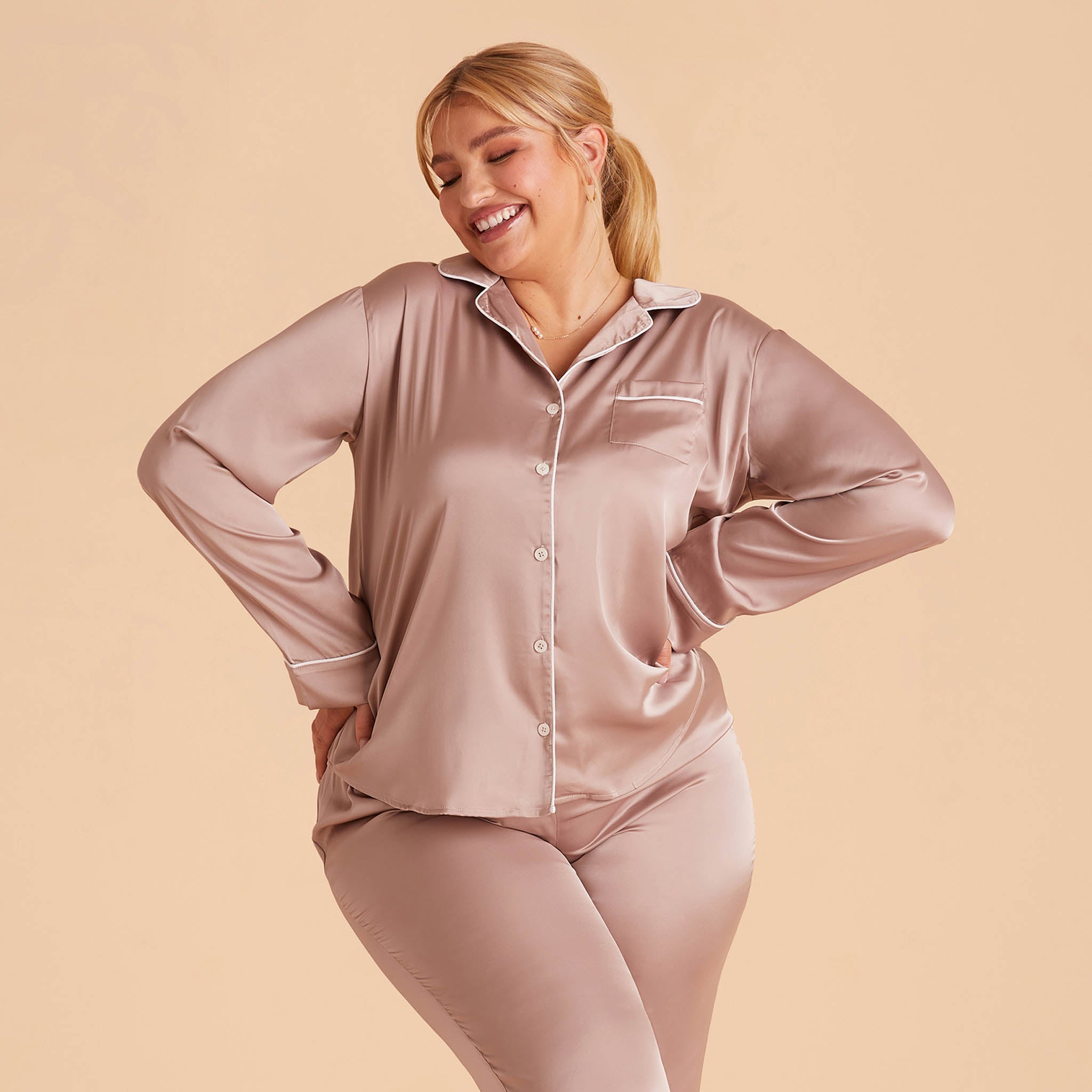 Jonny Long Sleeves and Pants Satin PJ Set - Desert Rose