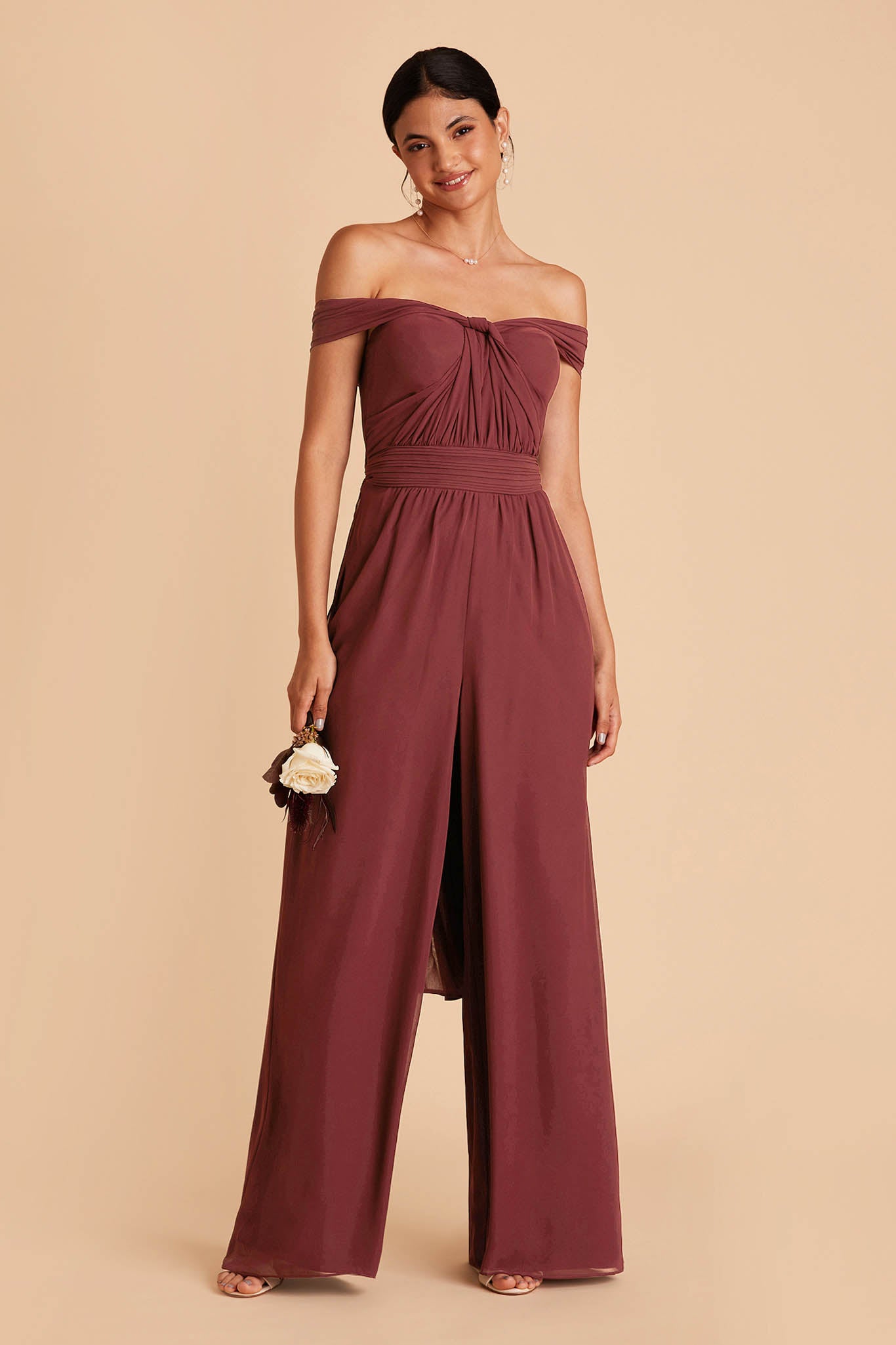 Red wedding jumpsuit with sweetheart bodice with convertible neckline